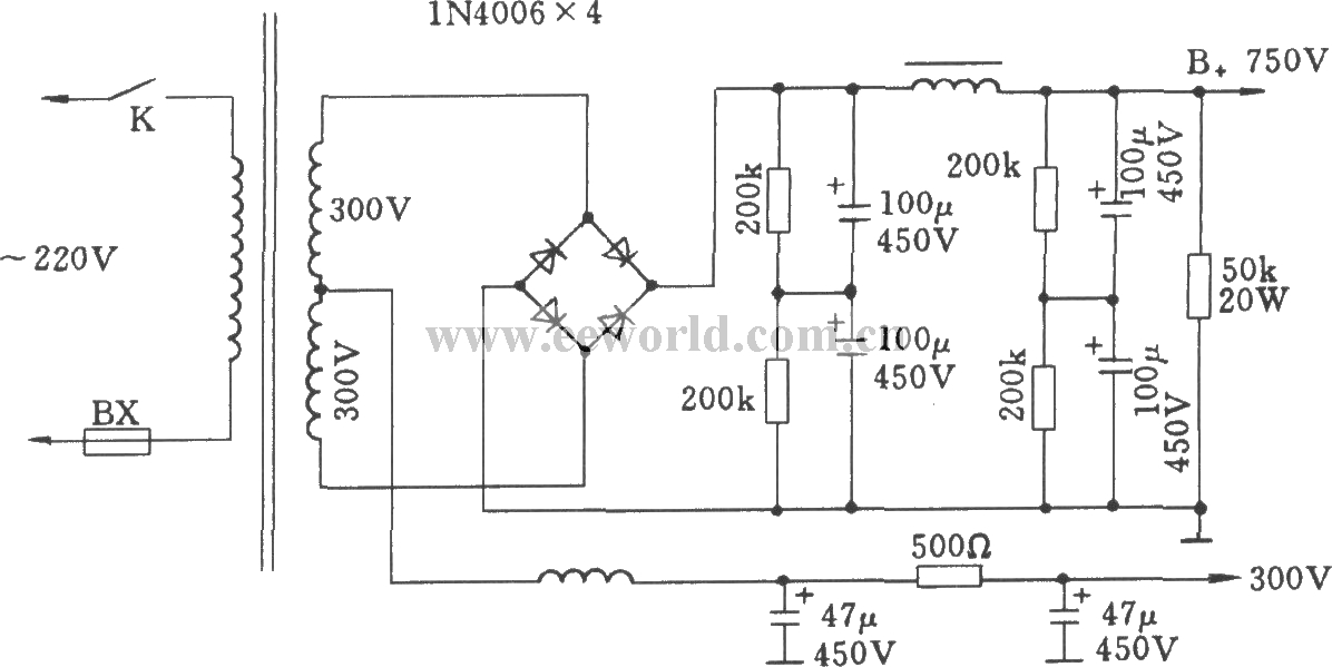 Crystal diode bridge rectifier circuit (for tube power amplifier)