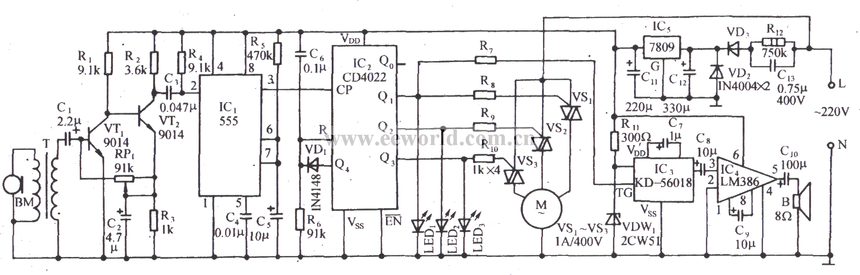 Sound-controlled electric fan speed control circuit and cricket sound control circuit