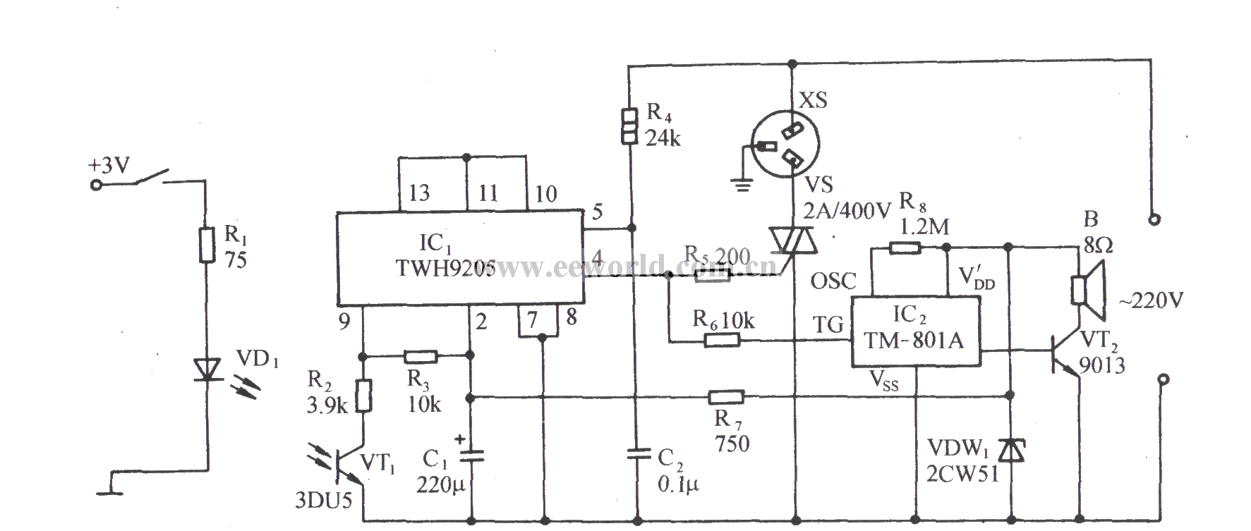 用TWH9205的光电耦合型过零控制插座电路