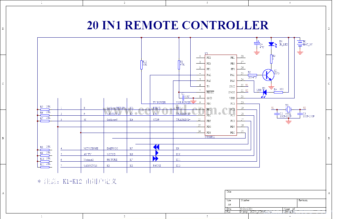 一款20合1的遥控器电路，IC为NT66P22