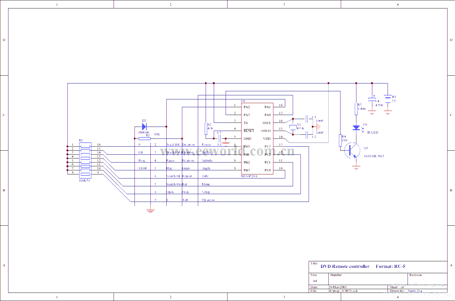 DVD遥控器电路，格式为SAA3010