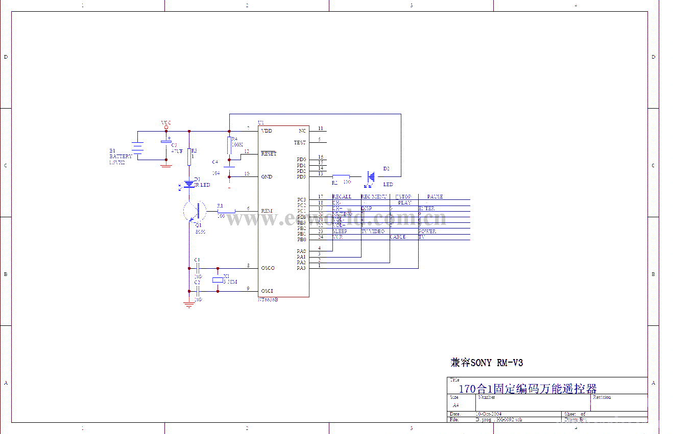 170合1多功能遥控器电路，兼容SONY RM-V3