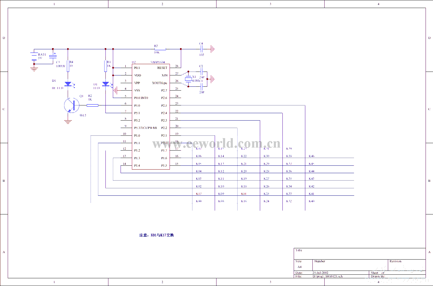 100合1卫星接收机遥控器电路，SN8P1604