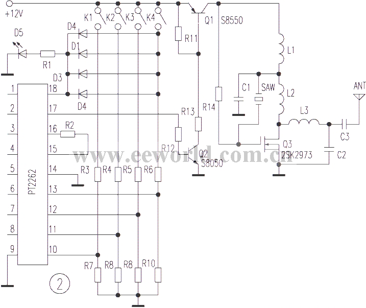 Application circuit of surface acoustic wave resonator in radio remote control