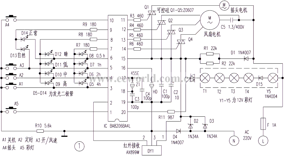 Infrared remote control electric fan circuit