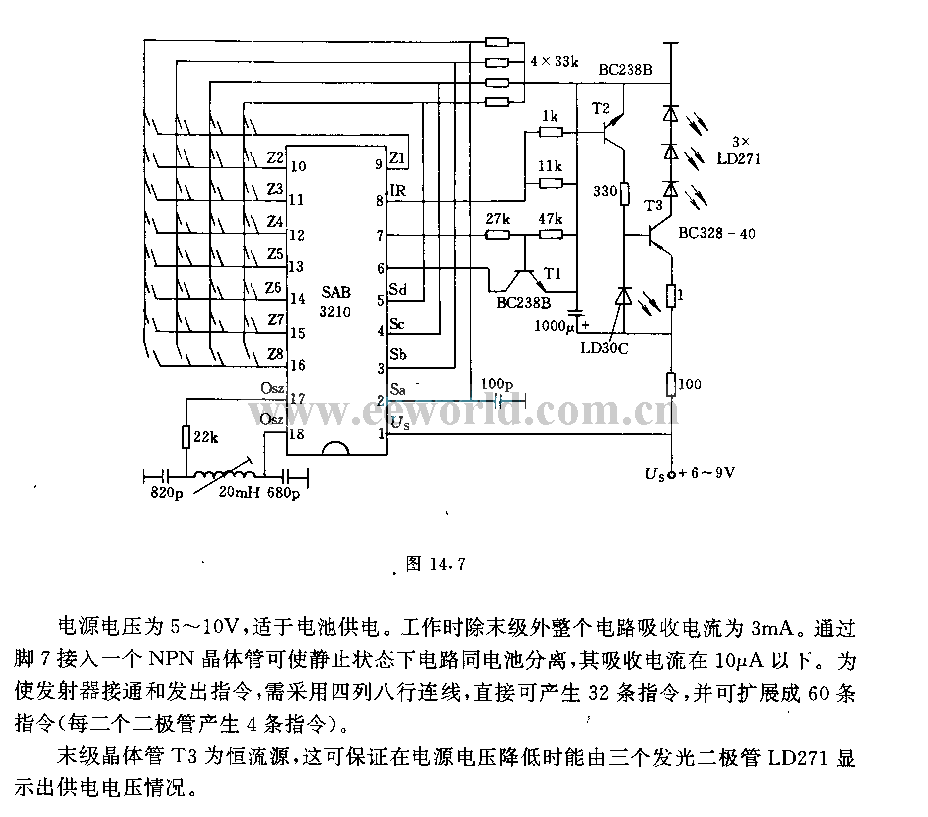 Infrared remote control transmitter circuit with 60 instructions