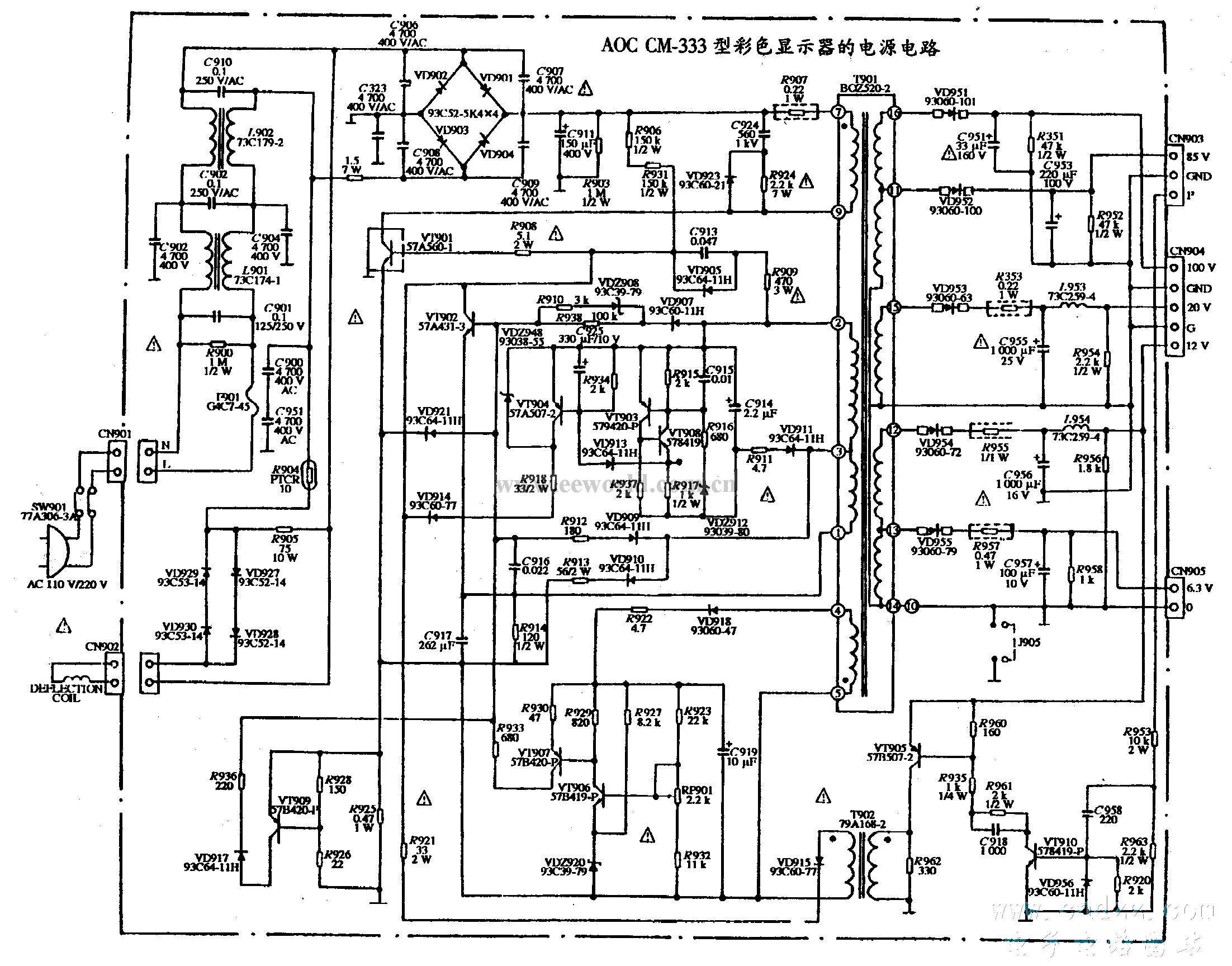 AOC CM-333 color display power supply circuit diagram