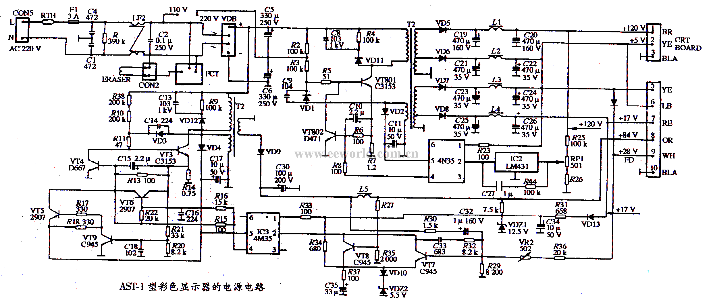 Power supply circuit diagram of AST-1 color display