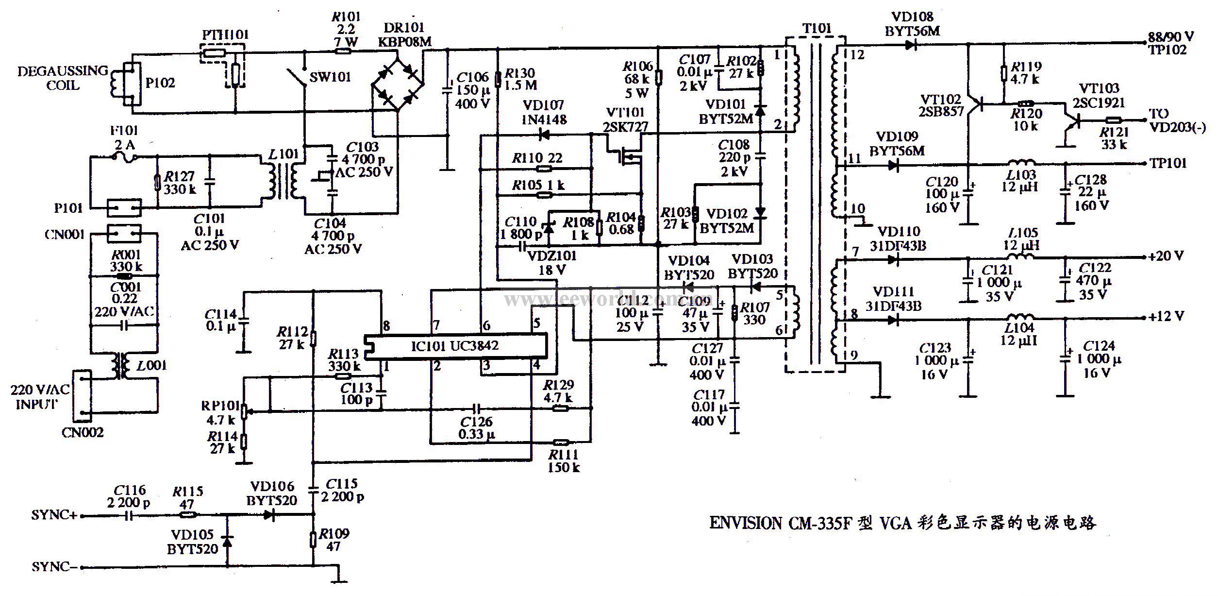 Power supply circuit diagram of ENVISION CM-335F VGA color monitor