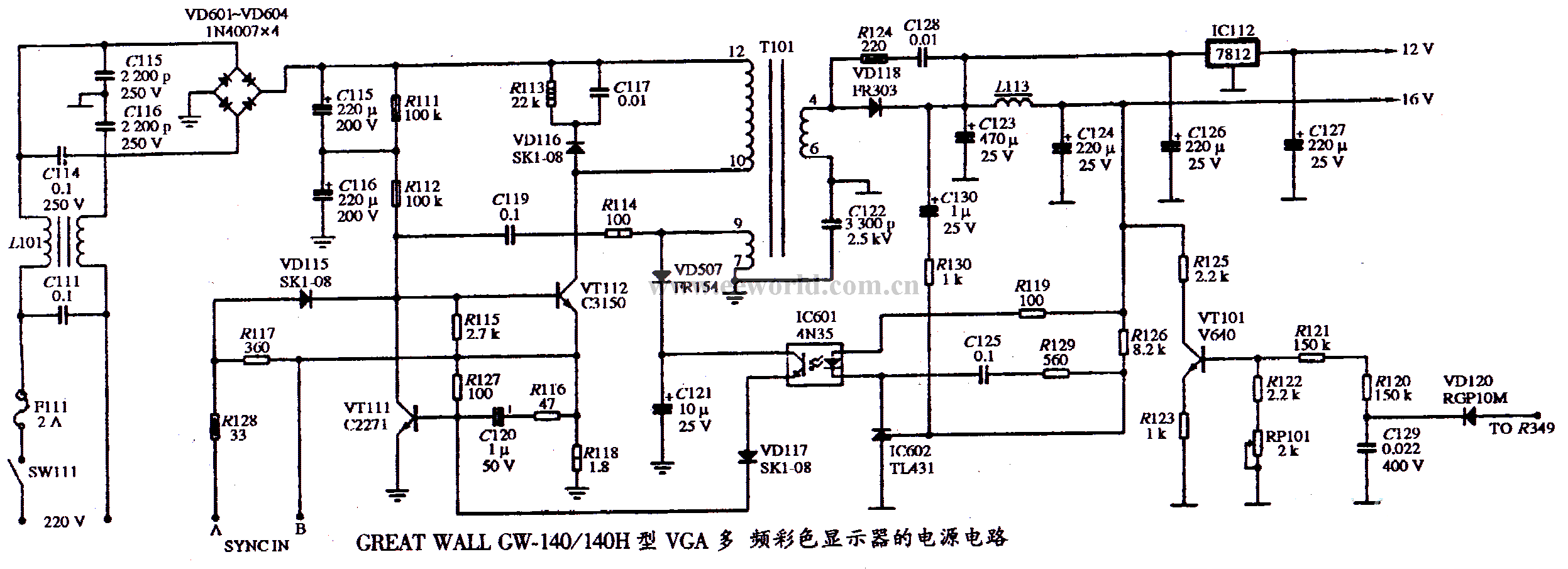 GREAT WALL GW-140/140H VGA multi-frequency color display power supply circuit diagram