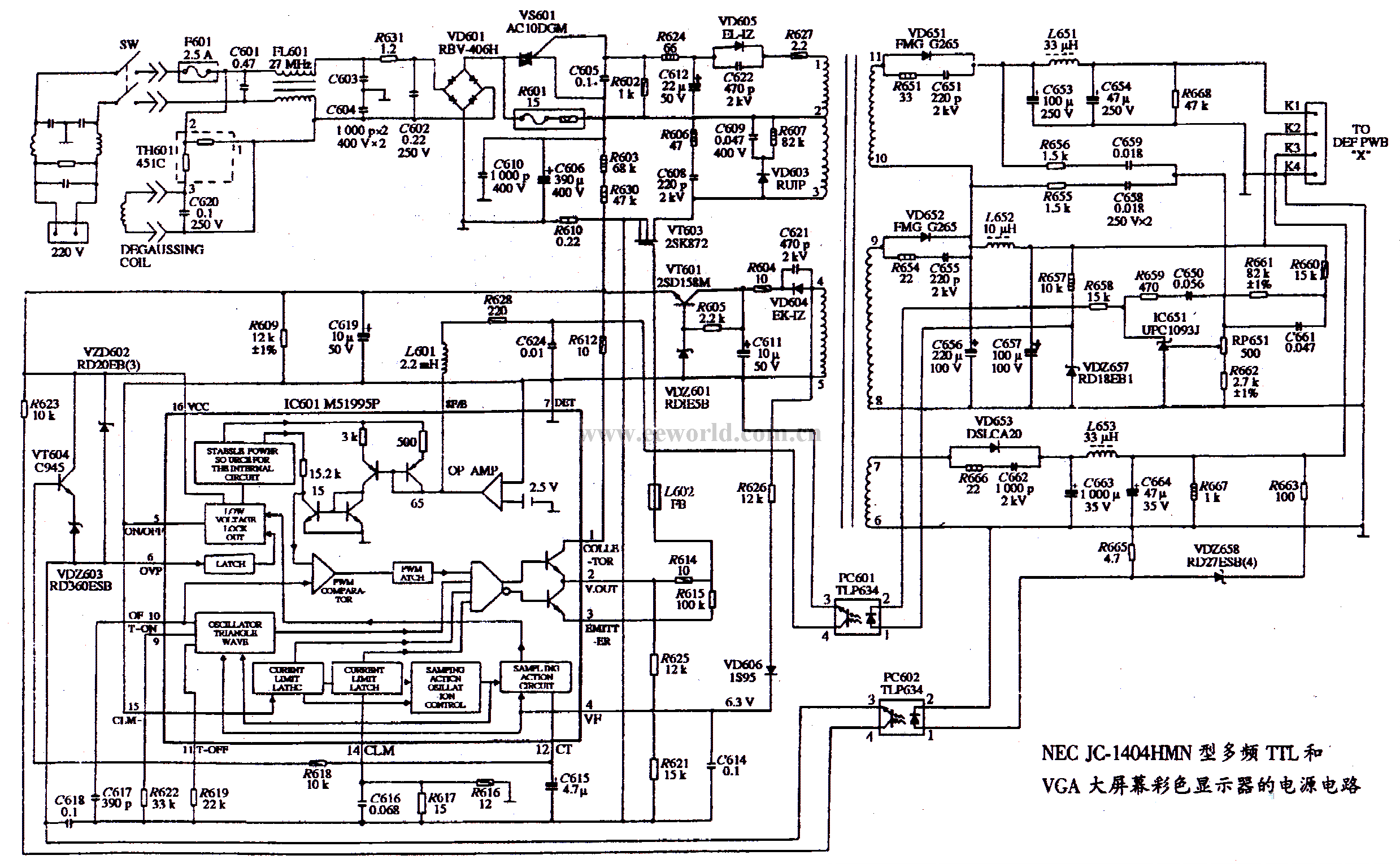 NEC JC-1404HMN type multi-frequency TTL and VGA large screen color display power supply circuit diagram