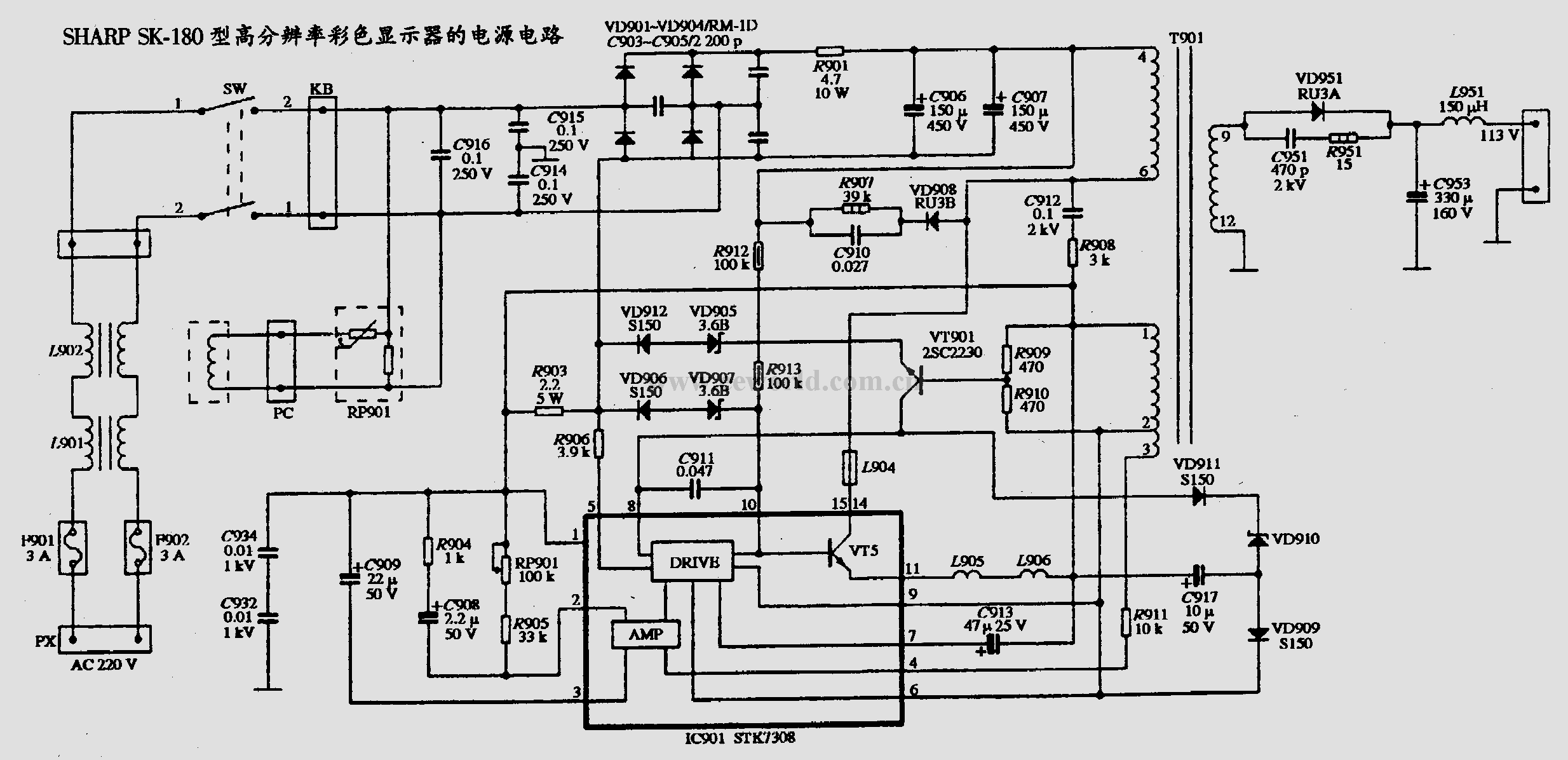 Power supply circuit diagram of SHARP SK-180 high-resolution color display