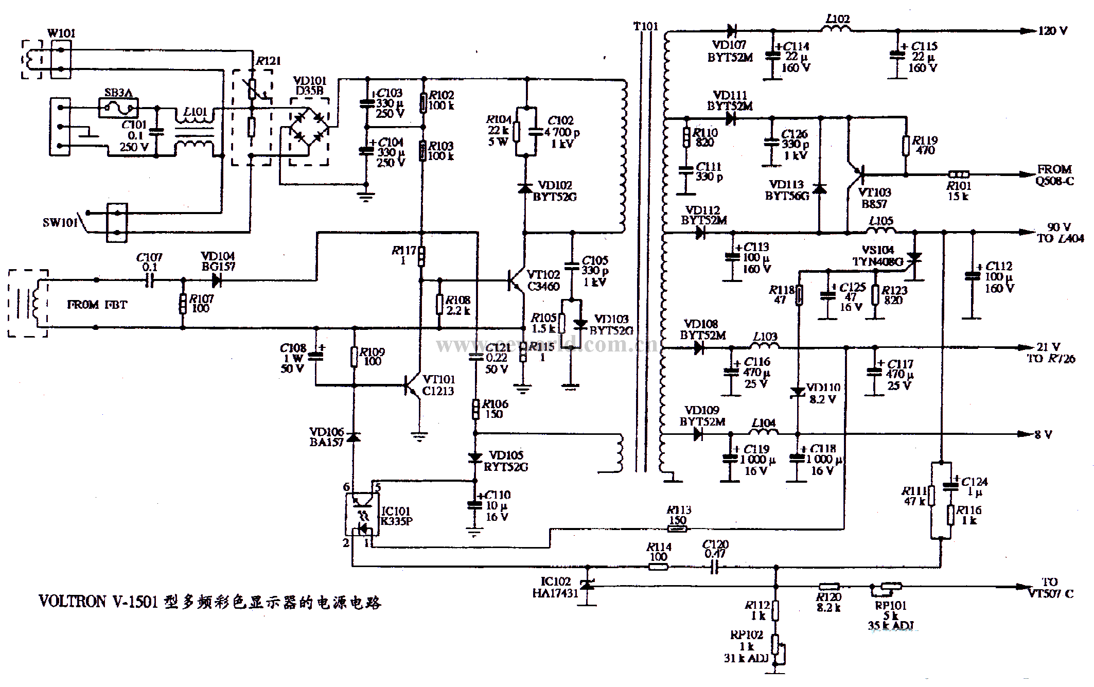 VOLTRON V-1501型多频彩色显示器的电源电路图