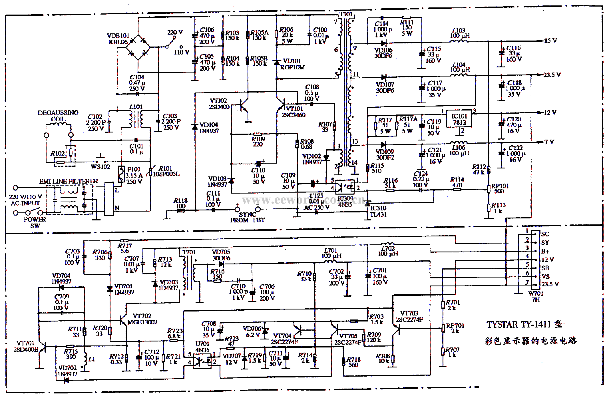 Power supply circuit diagram of TYSTAR TY-1411 color display