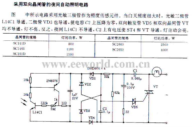 Automatic night lighting circuit using bidirectional thyristor