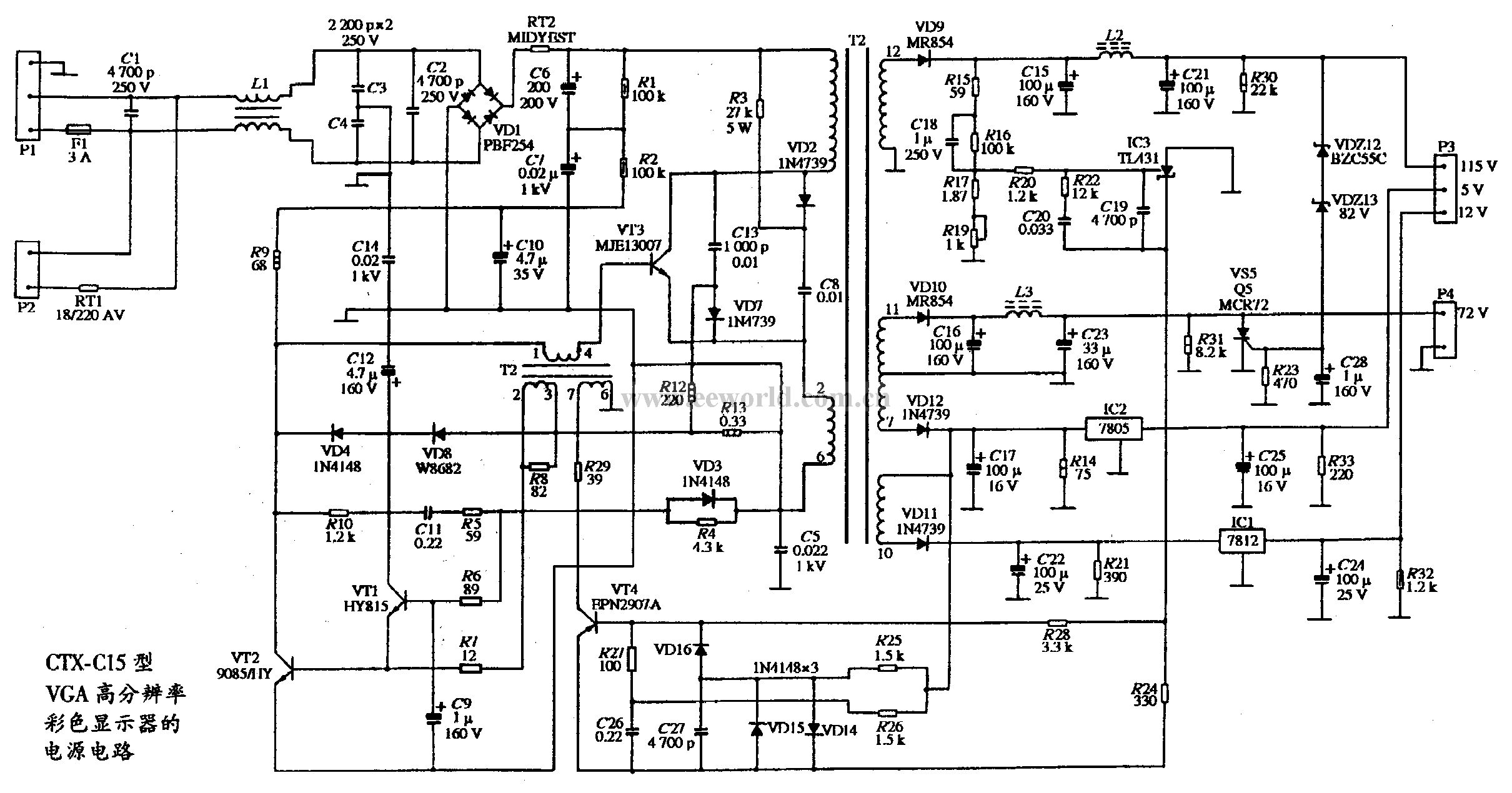 33. Power supply circuit diagram of CTX-C15 VGA high-resolution color display