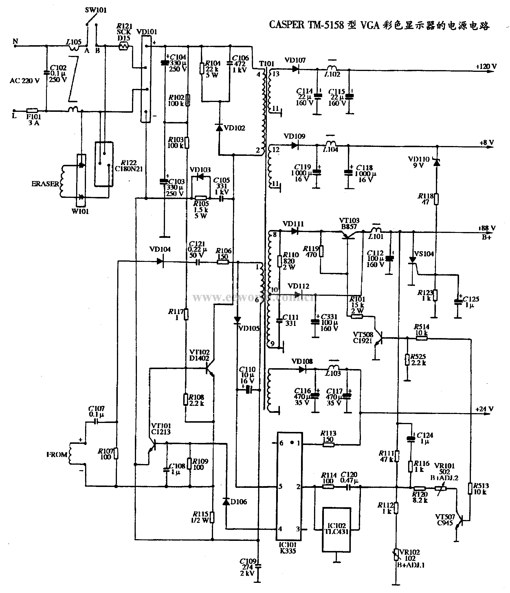 24. Power supply circuit diagram of CASPER TM-5158 VGA color display