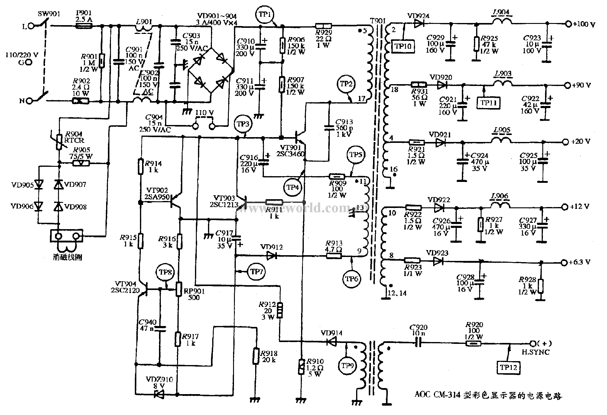 3. Power supply circuit diagram of AOC CM-314 color display