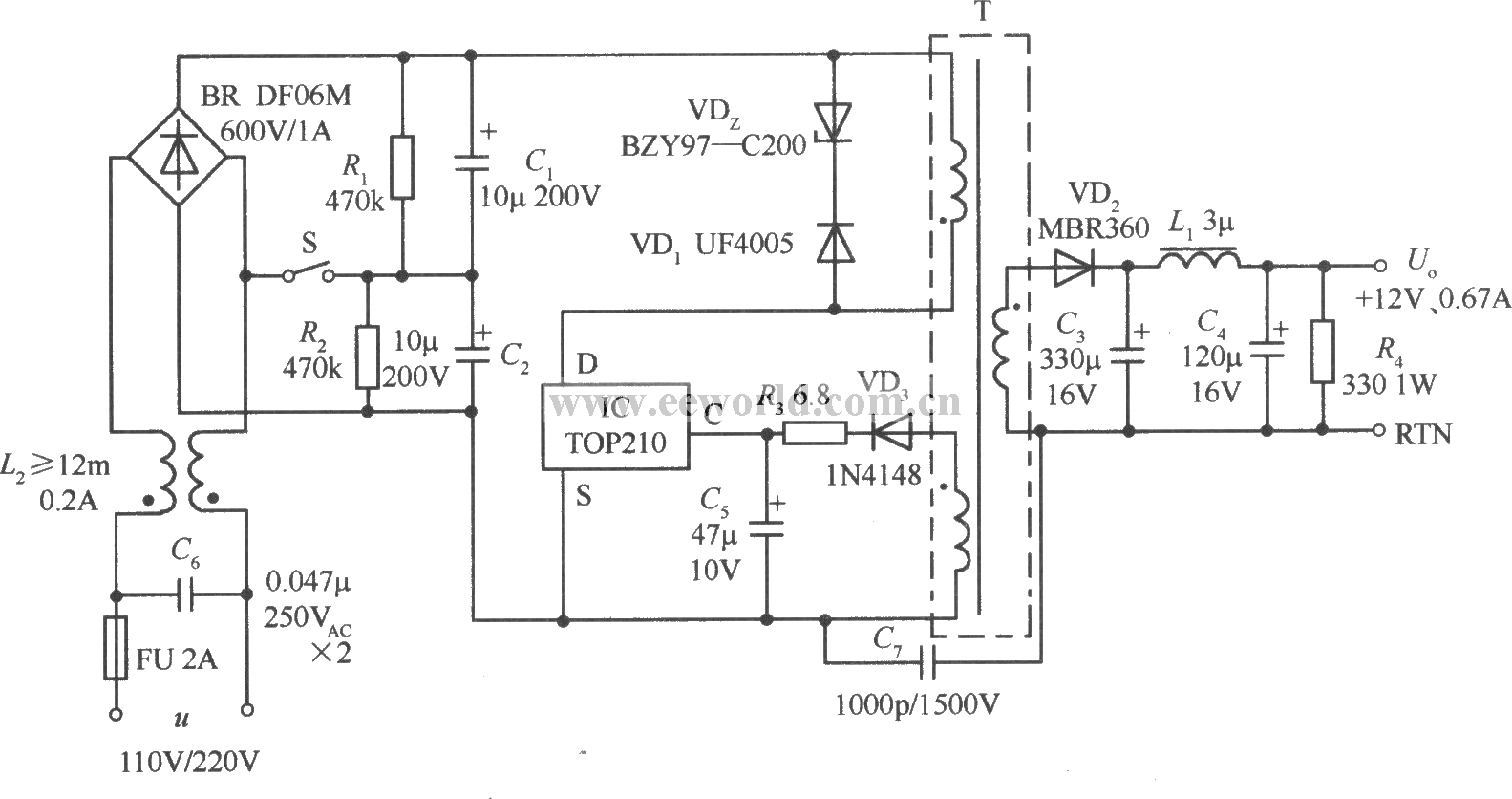 采用110V(倍压)／220V交流电压输入的开关稳压电源