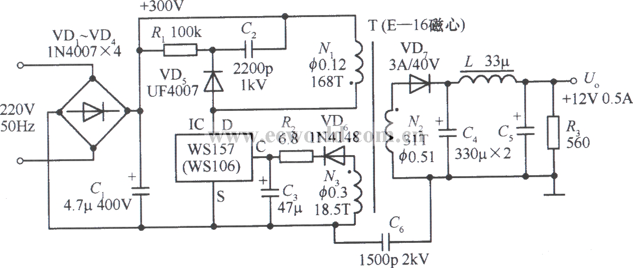 +12V、0.5A单片开关稳压电源电路