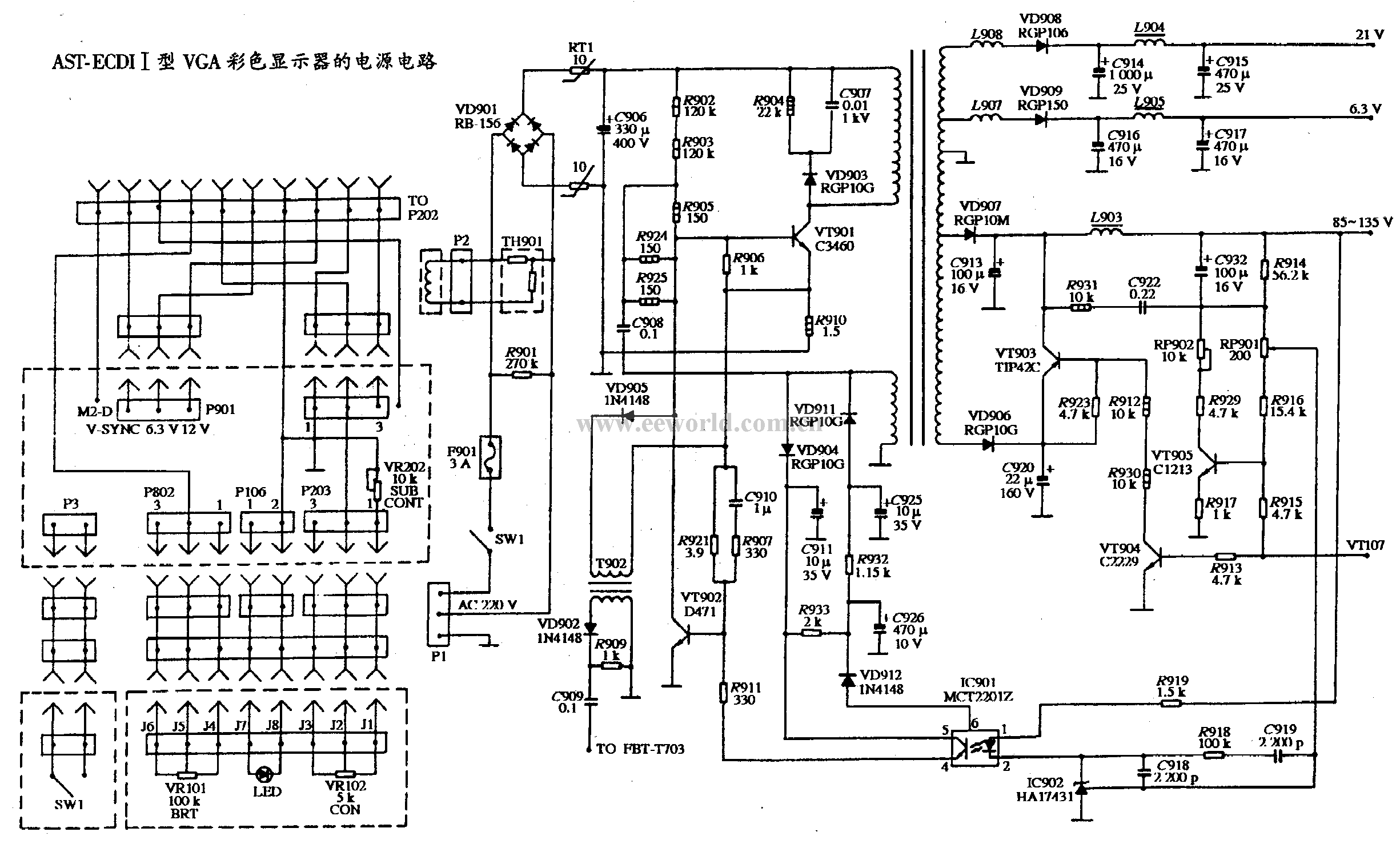 15. Power supply circuit diagram of AST ECDI-I type VGA color display