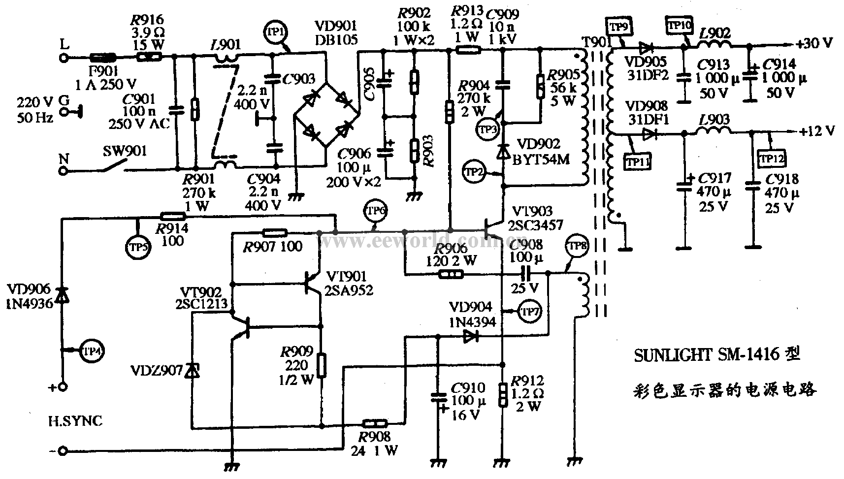 Power supply circuit of SUNLIHTSM-1416 color display