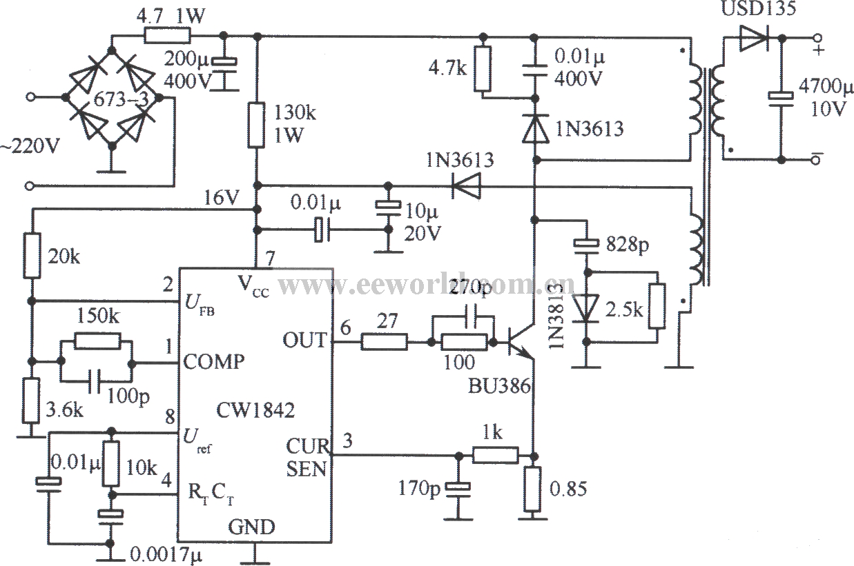 由CWl842外接双极型功率管的单端反激变换器电路