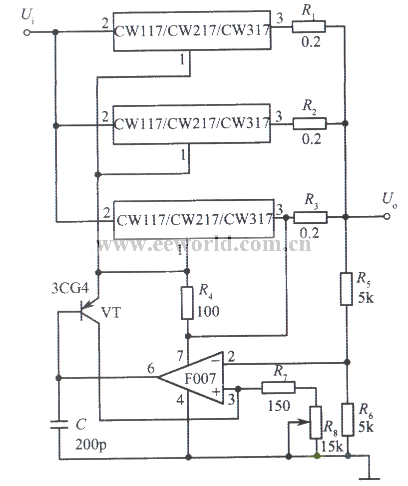 Three integrated voltage regulators CW117 are connected in parallel to extend the output current