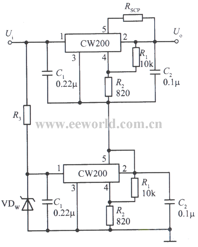 两个CW200输出电压叠加的集成稳压电源