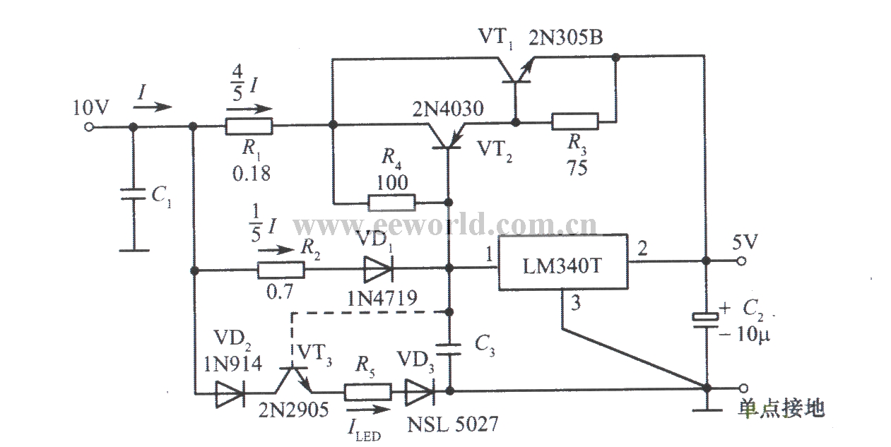 LM340T集成稳压器构成的5A稳压电源电路（给TTL集成电路供电）