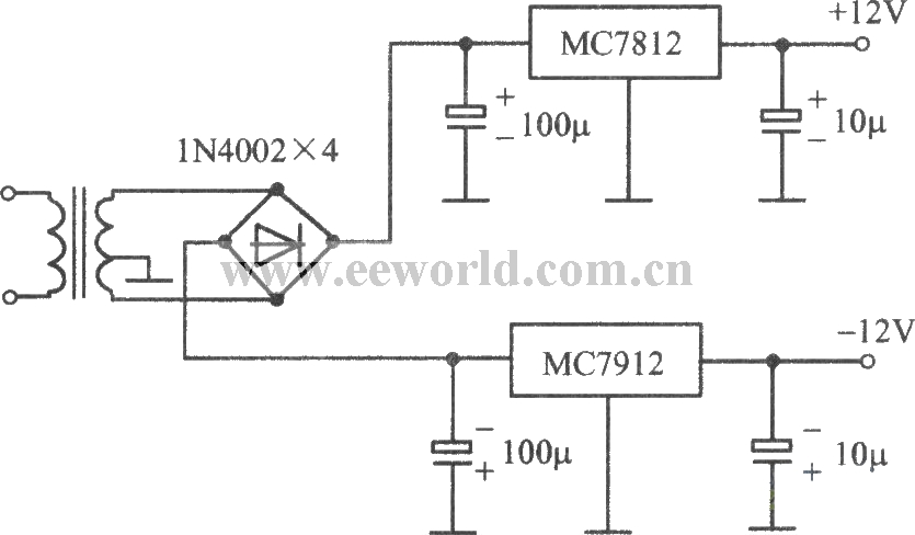 MC7812(正压)MC7912MC（负压）构成的的±12V稳压电源