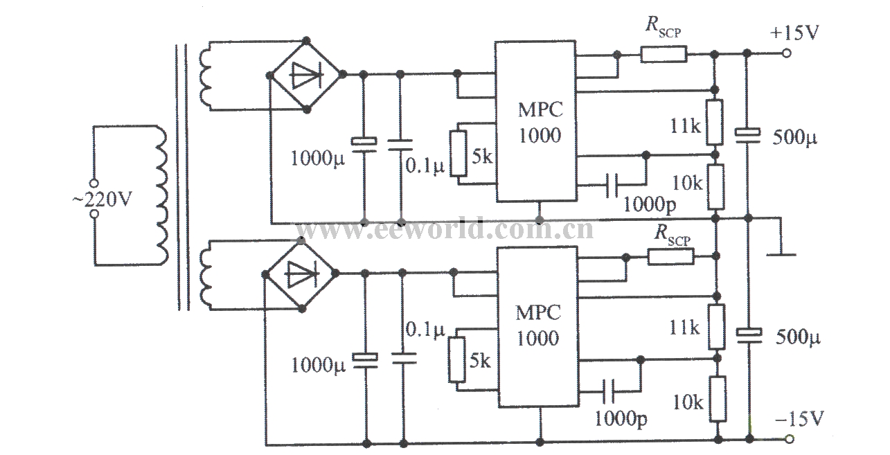 MPC1000构成的±15V、10A对称稳压电源