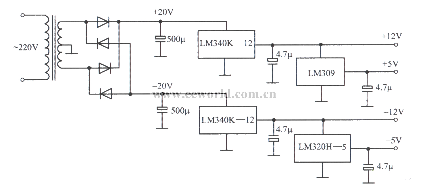 LM340K-12,LM309,LM320-5构成的±5V和±l2V稳压电源