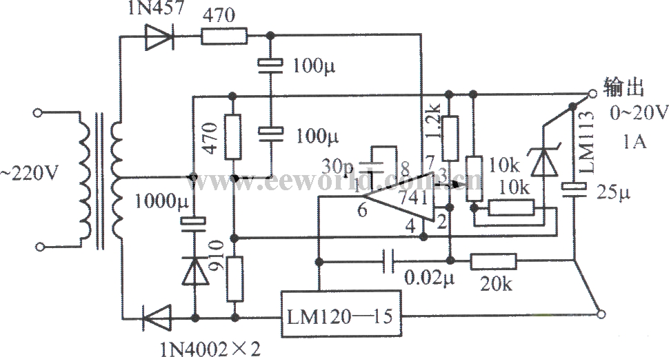 LM120-15,齐纳二极管LM741构成的0～20V、1A可调稳压电源