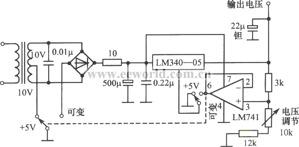 LM340-05构成的恒压和可调两用稳压电源