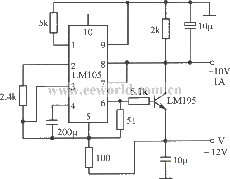 ＬＭ１０５集成稳压器，ＬＭ１９５功率晶体管构成的—10V、１A稳压电源