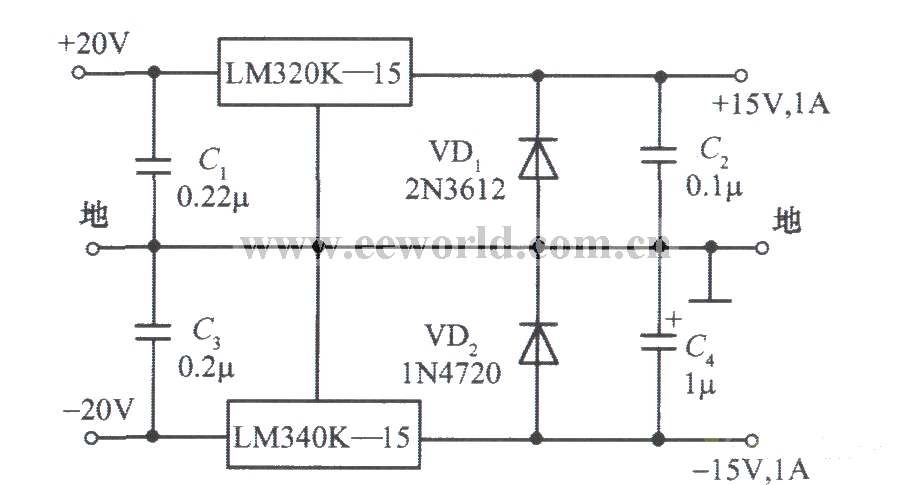 LM340K-15构成的±15V、1A对称稳压电源