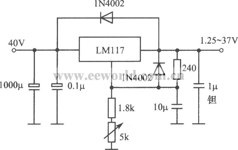 LM117构成的1.25～37V、1.5A可调稳压电源