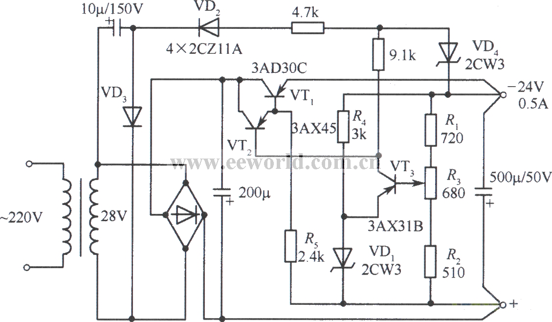 -24V、0.5A稳压电源电路