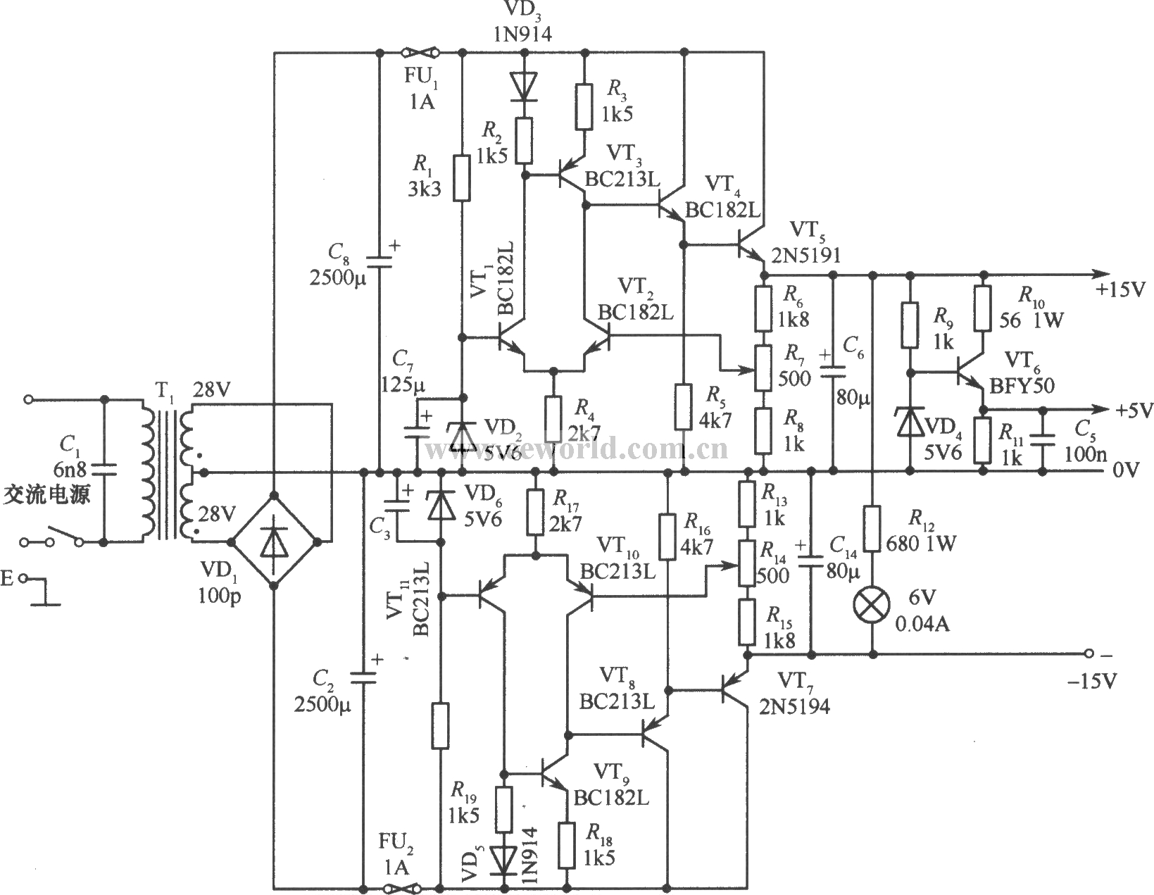 ±15V、5V三种输出稳压电源电路