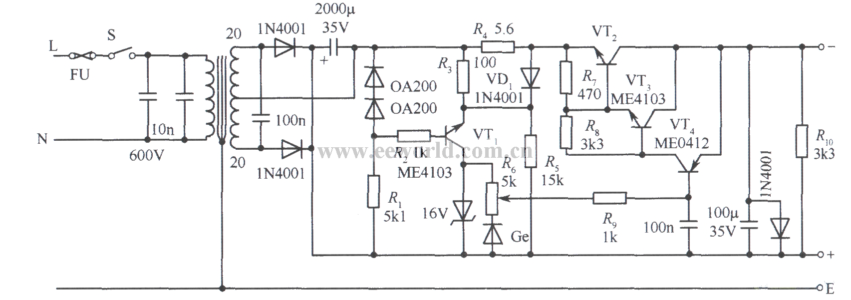 0~15V regulated power supply circuit with current limiting protection