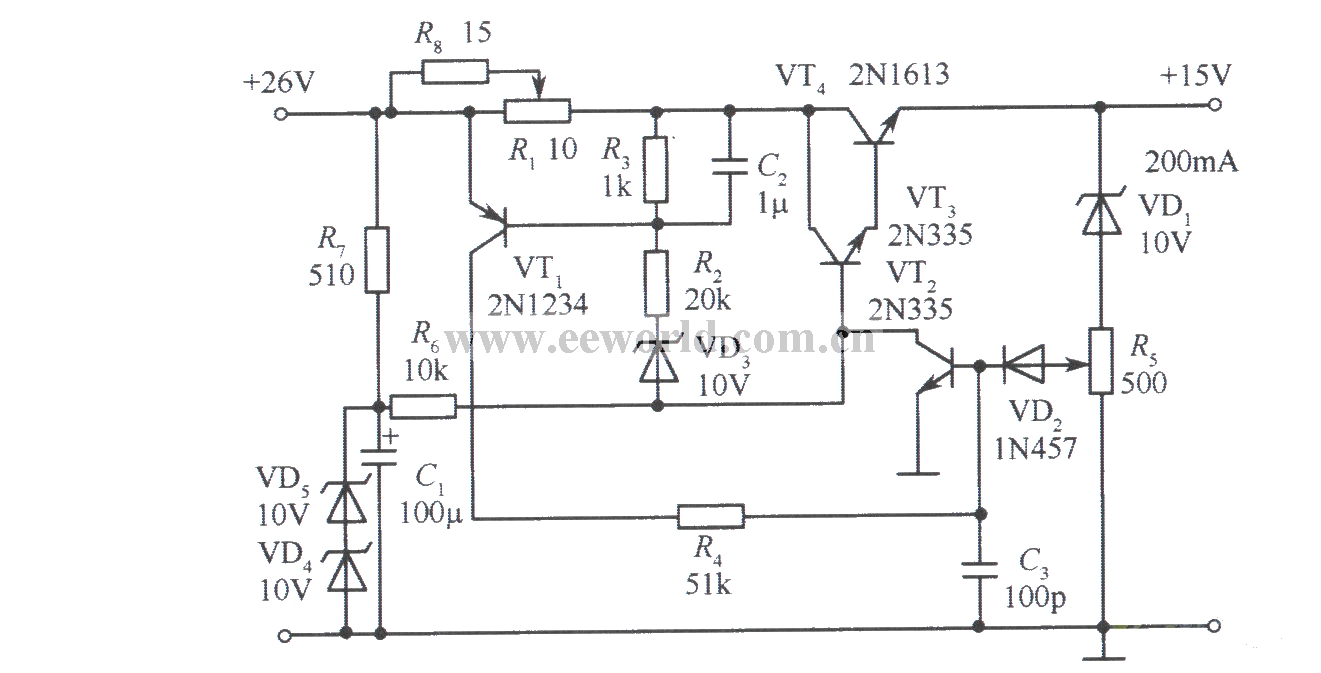 保护电流可调的15V稳压电源电路