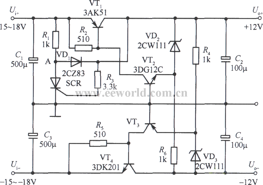 Bipolar regulated power supply circuit with output of ±12V