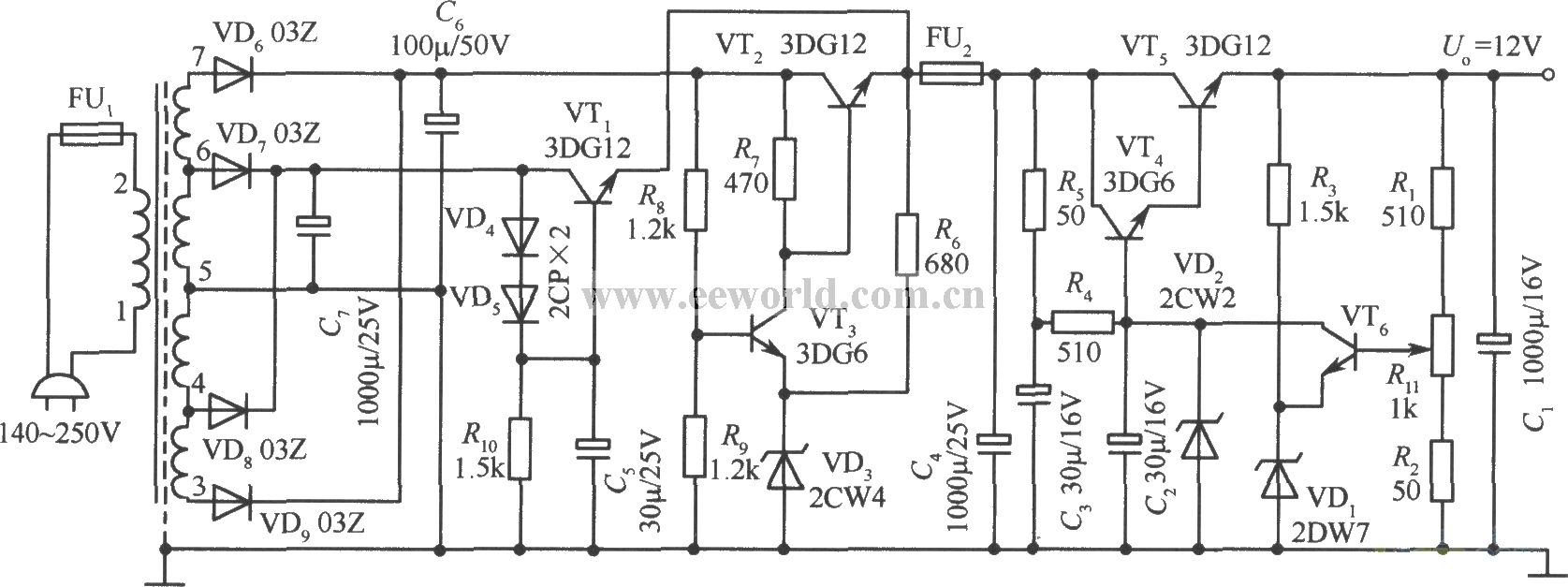 电网电压在140～250V之间的12V稳压电源电路