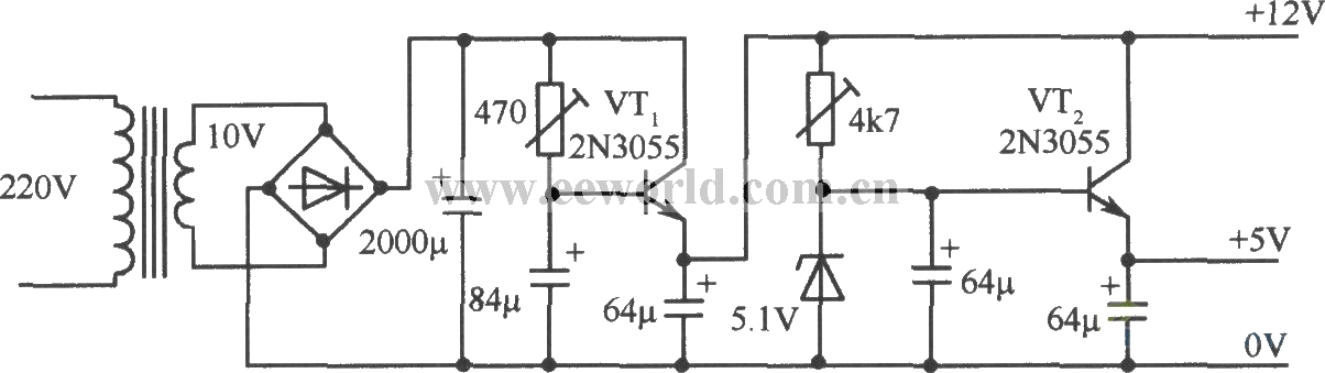 12V、5V双路稳压电源电路