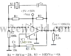 比较器LM311N构成的晶体振荡器