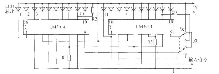 <strong>LM</strong>3914 drives 20 <strong>LED</strong> light columns<strong>Circuit diagram</strong>