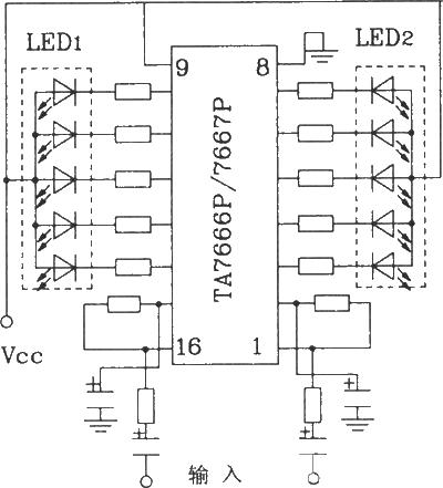 5-point LED driver circuit diagram of HA7666P/TA7667P