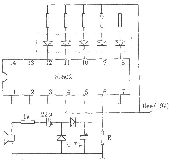 Five-digit LED display audio power indication circuit diagram made with FD502