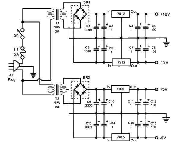 Multi-output DC regulated power supply circuit diagram of three-terminal regulator